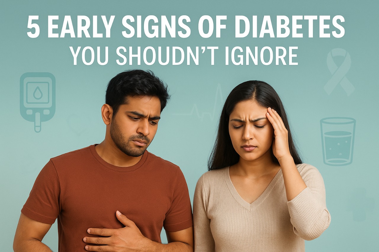 Young Indian man checking sugar levels with glucometer – early signs of diabetes.