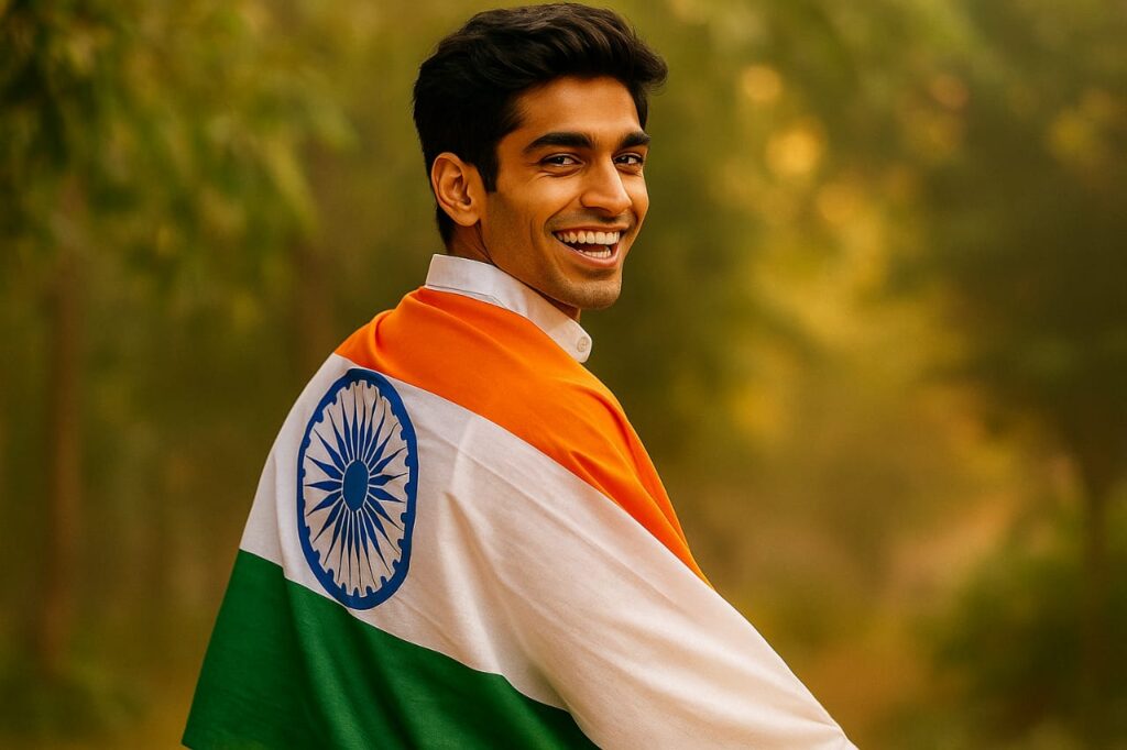 smiling man with flag