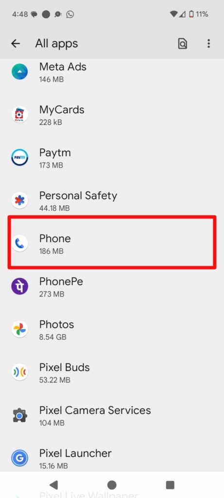 Phone application highlighted