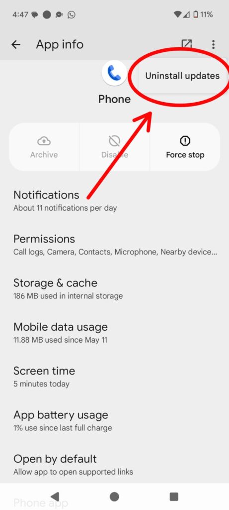 Uninstall updates highlighted