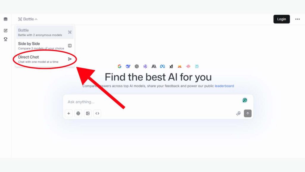 LM Arena Screenshot of selecting Direct Chat