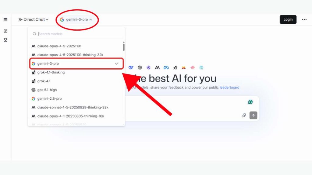 Screenshot of LM Arena for choosing AI model